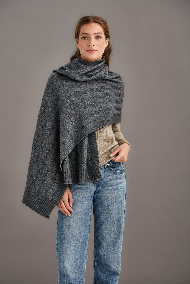 Woman wearing McDonald - Merino & Possum Herringbone Lace Shawl (5060) in the colour Pewter.