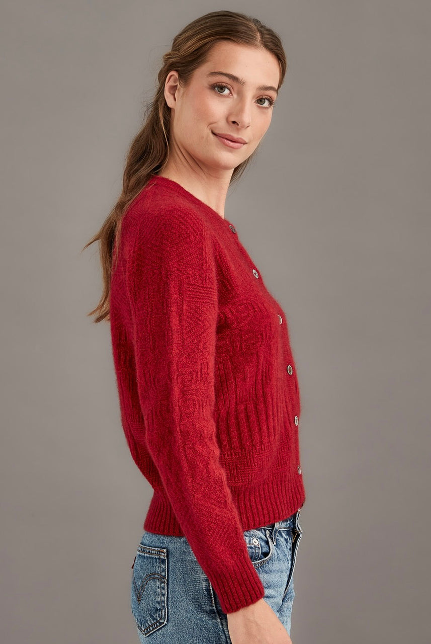 Woman wearing McDonald - Merino & Possum Patchwork Cardigan (5062) in the colour Red.