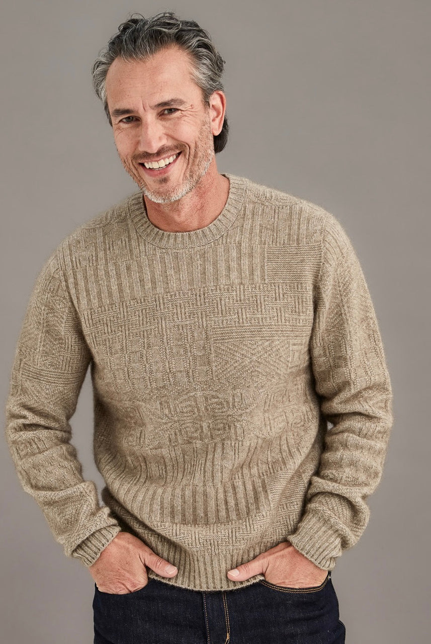 Man wearing McDonald - Merino & Possum Patchwork Sweater (6641) in the colour Mocha