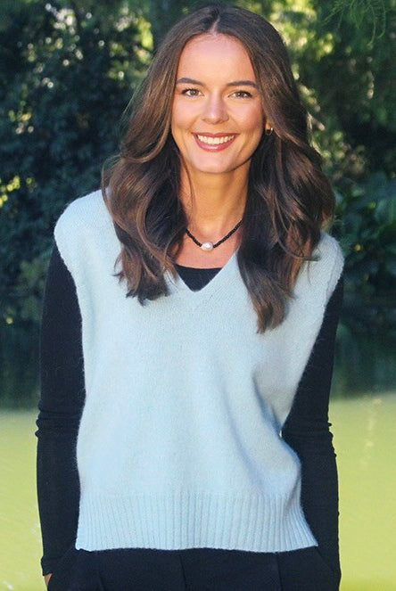 Woman wearing Lothlorian - Alpaca Vital Vest (ALP078) in the colour Aqua.