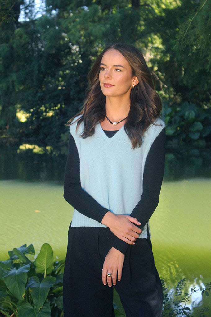 Woman wearing Lothlorian - Alpaca Vital Vest (ALP078) in the colour Aqua.