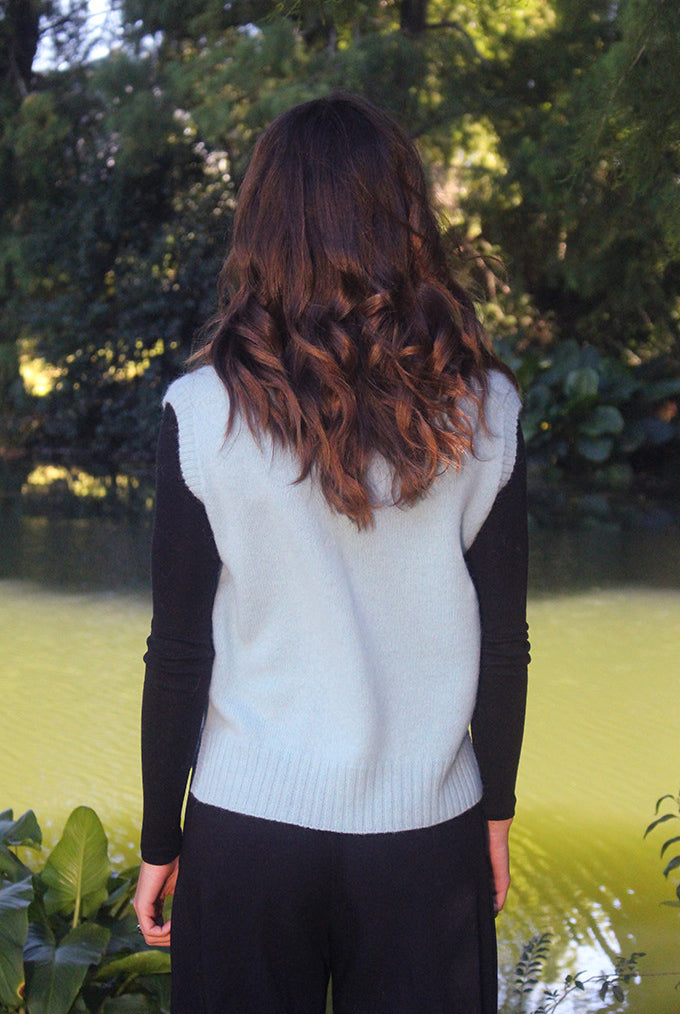 Woman wearing Lothlorian - Alpaca Vital Vest (ALP078) in the colour Dove.