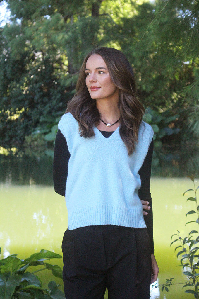 Woman wearing Lothlorian - Alpaca Vital Vest (ALP078) in the colour Aqua.