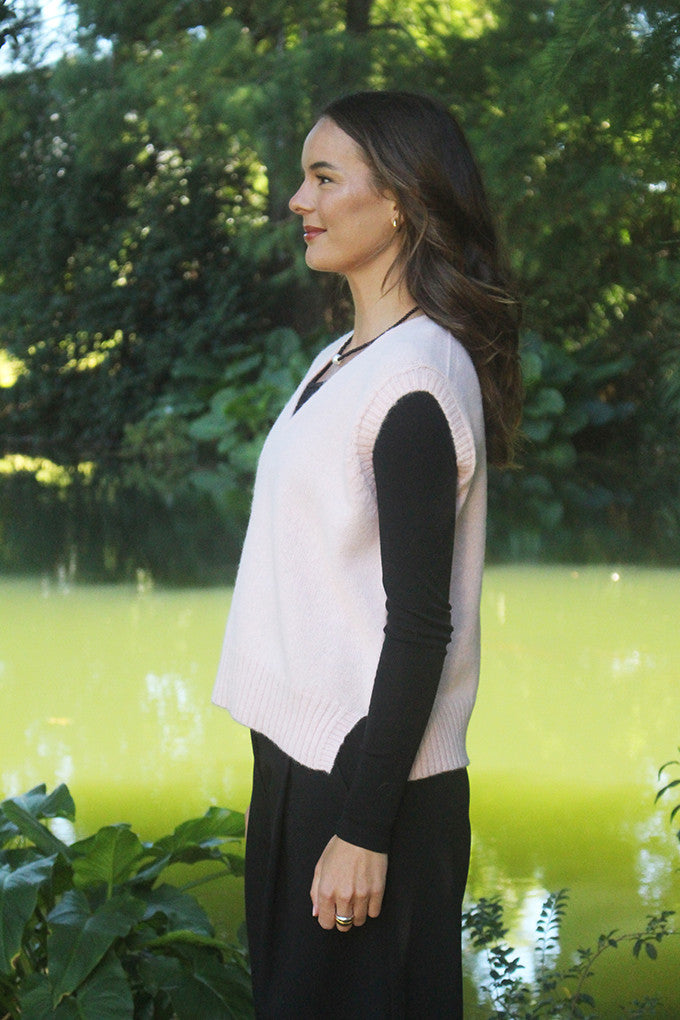 Woman wearing Lothlorian - Alpaca Vital Vest (ALP078) in the colour Blush.