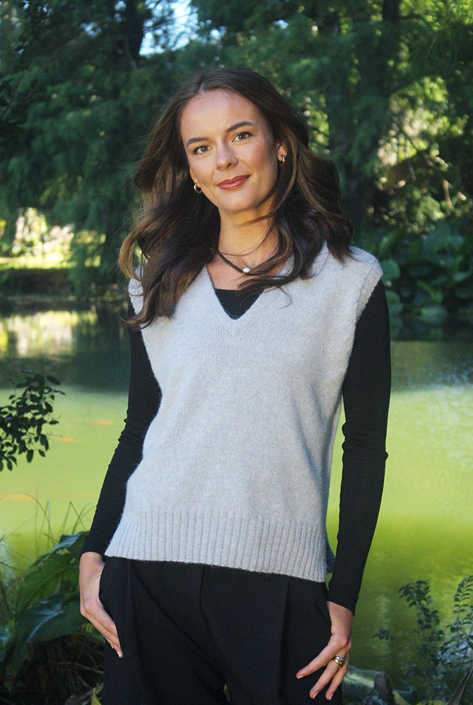 Woman wearing Lothlorian - Alpaca Vital Vest (ALP078) in the colour Dove.