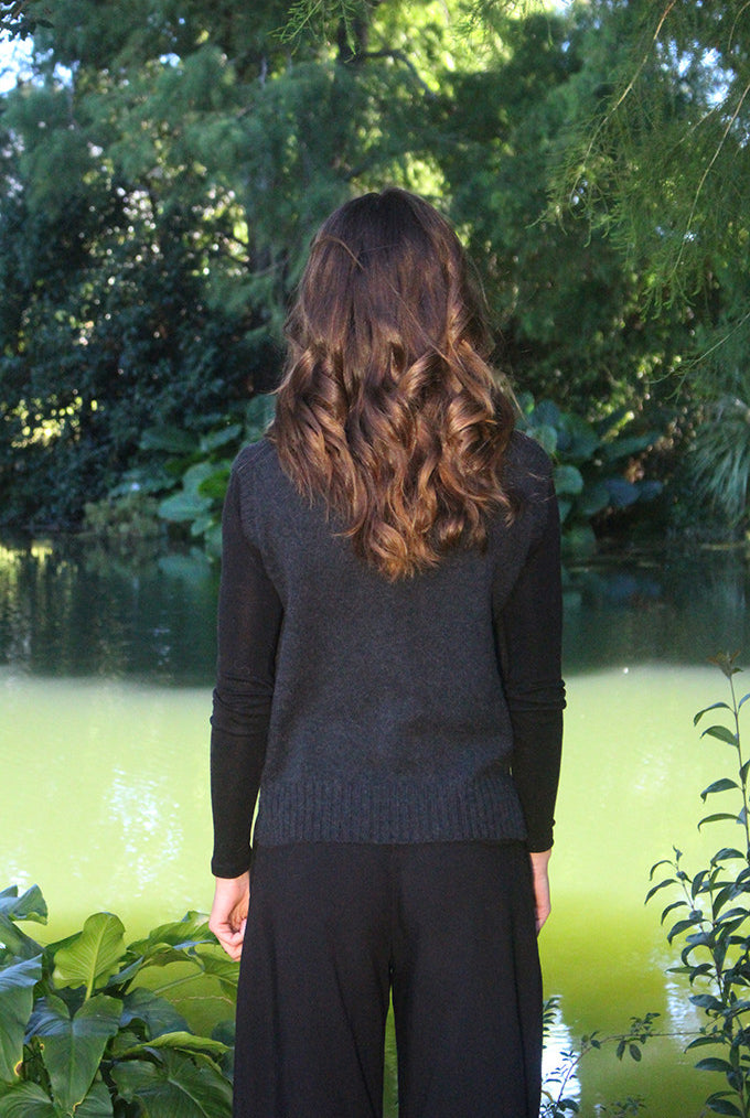 Woman wearing Lothlorian - Alpaca Vital Vest (ALP078) in the colour Slate.