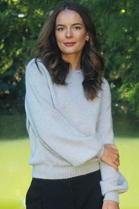 Woman wearing the Lothlorian - Alpaca Chime Jumper (ALP079) in the colour Dove.