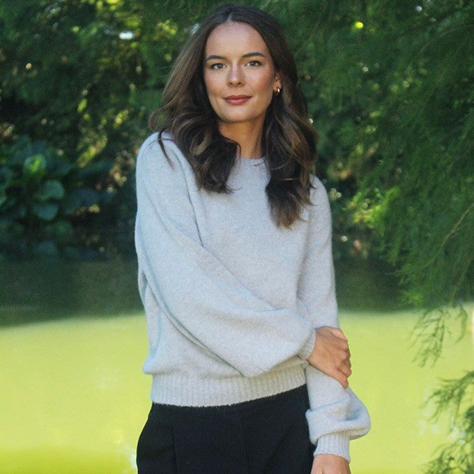 Woman wearing the Lothlorian - Alpaca Chime Jumper (ALP079) in the colour Dove.