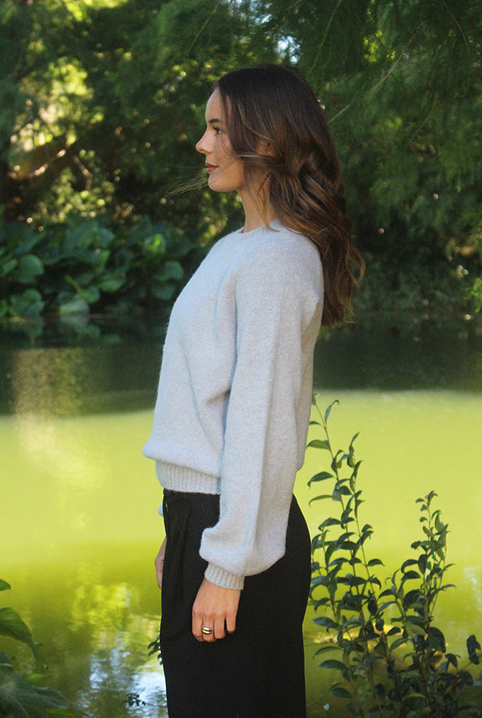 Woman wearing the Lothlorian - Alpaca Chime Jumper (ALP079) in the colour Dove.