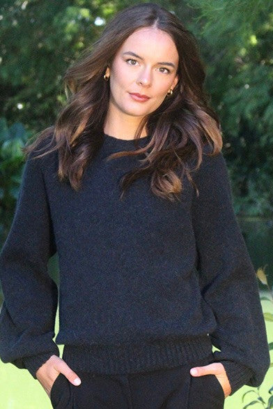 Woman wearing the Lothlorian - Alpaca Chime Jumper (ALP079) in the colour Slate.
