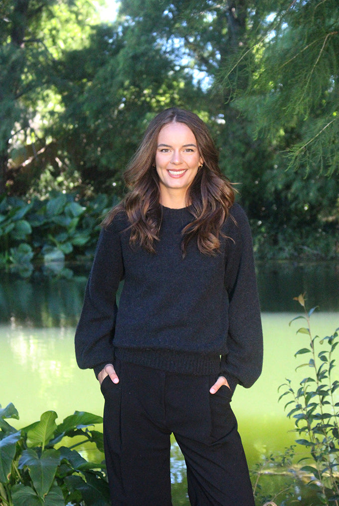 Woman wearing the Lothlorian - Alpaca Chime Jumper (ALP079) in the colour Slate.