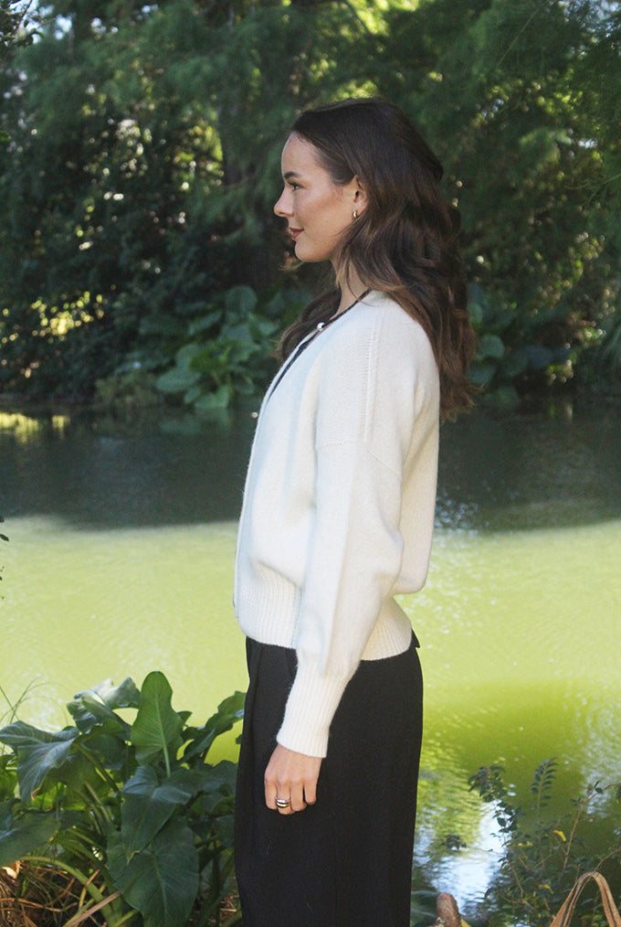 Woman wearing Lothlorian - Alpaca Enclave Cardigan (ALP080) in the colour Natural.