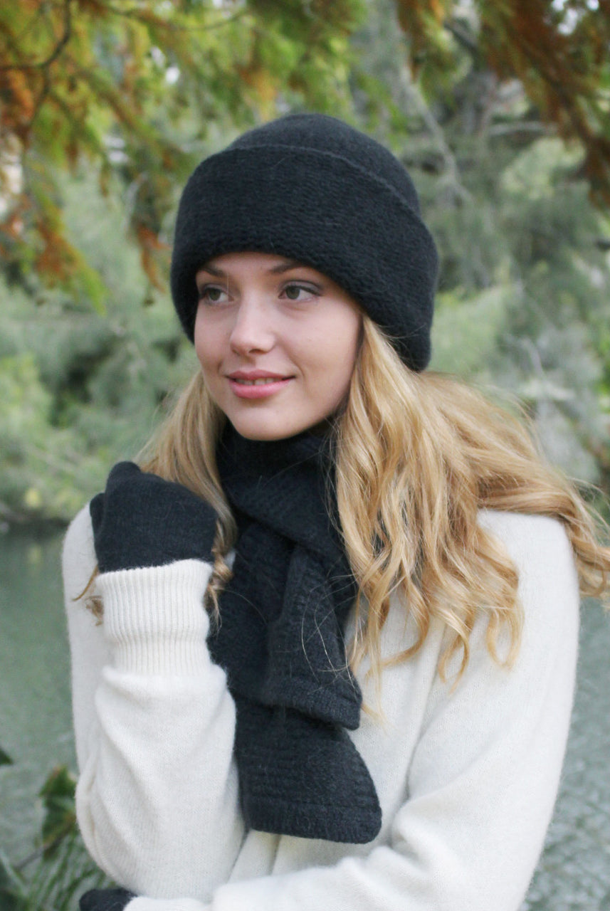 Slate colour plain beanie on woman