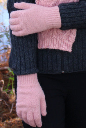 Rose colour Alpaca gloves on person