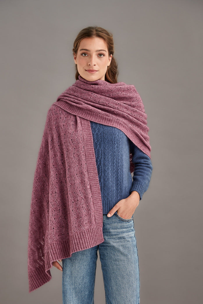 Woman wearing McDonald - Merino & Possum Herringbone Lace Shawl (5060) in the colour Heather.