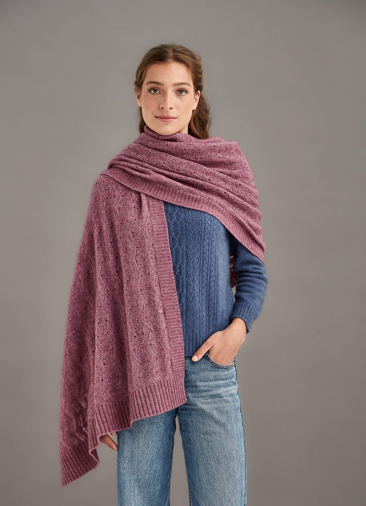 Woman wearing McDonald - Merino & Possum Herringbone Lace Shawl (5060) in the colour Heather.