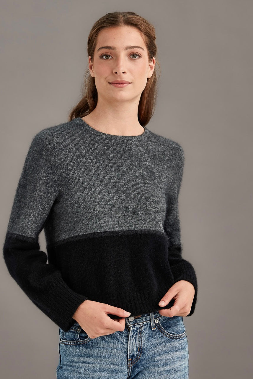 Woman wearing McDonald - Merino & Possum Horizon Jumper (5061-SS2026) in the colour Monochrome.