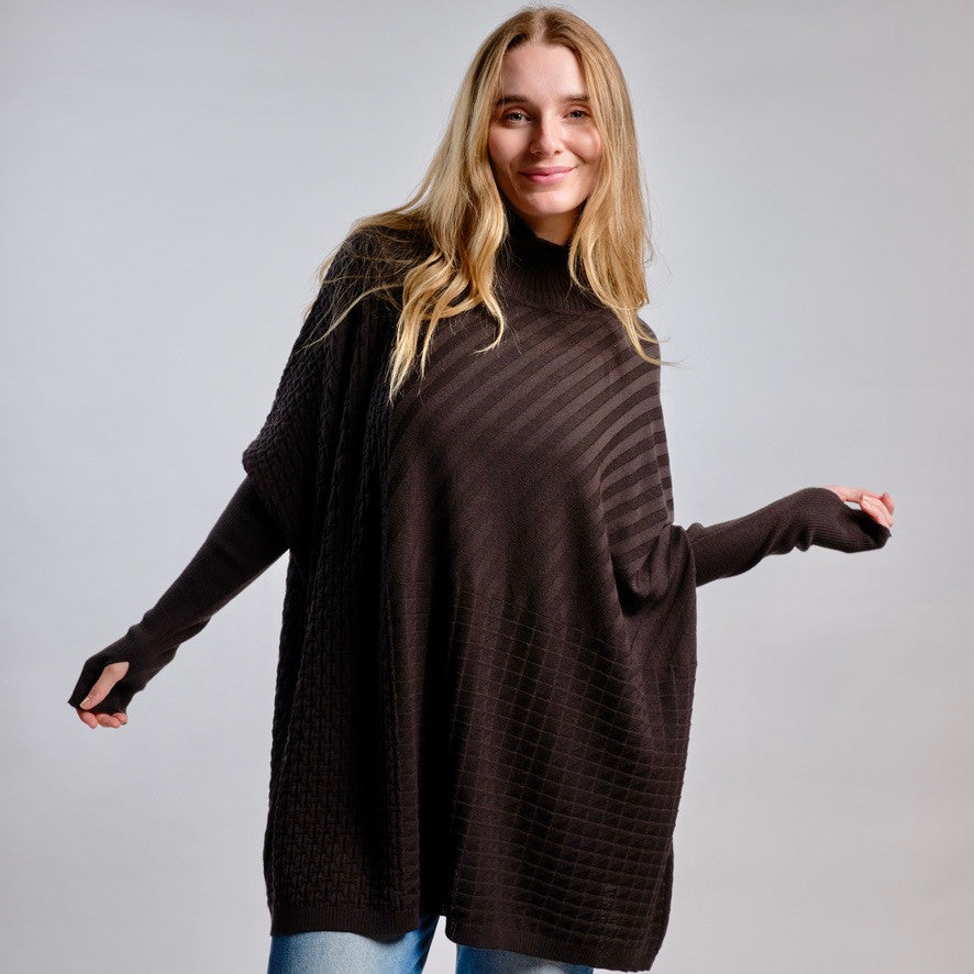 Woman wearing Country Laine - Merino Textured Sloppy Joe (CL0059) in the colour Chocolate.