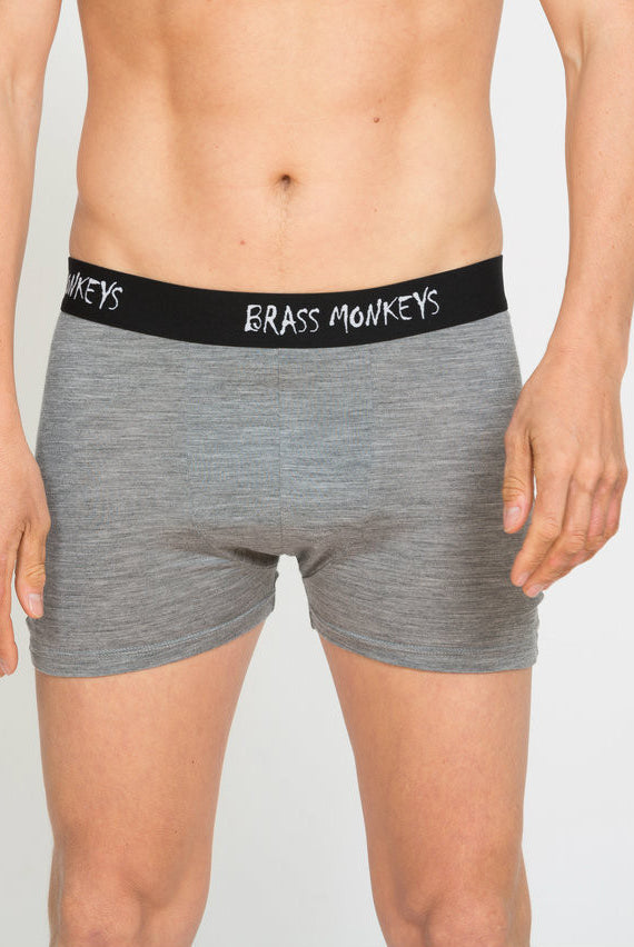 Man wearing Merino grey boxers.
