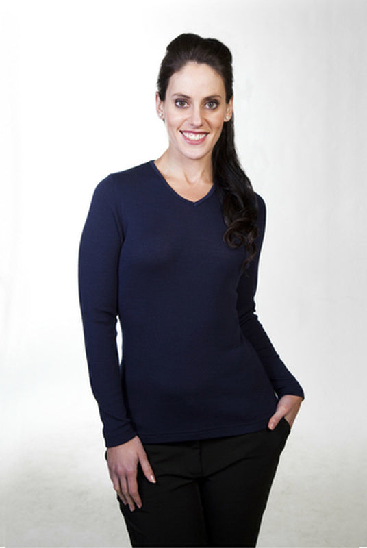 Woman wearing vee neck top in colour Navy