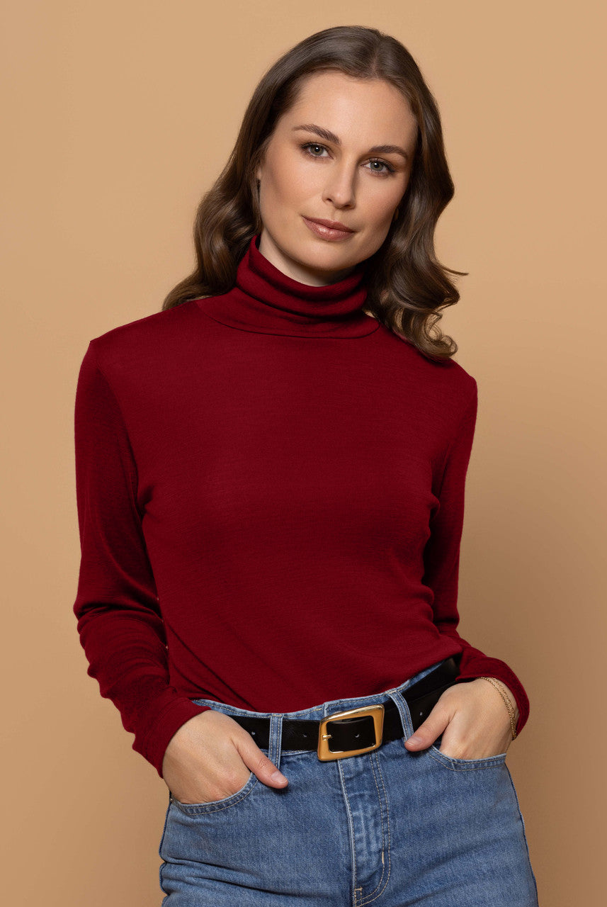 Woman wearing Bay Road Merino - Isabel Polo (BR716) in the colour Boreaux