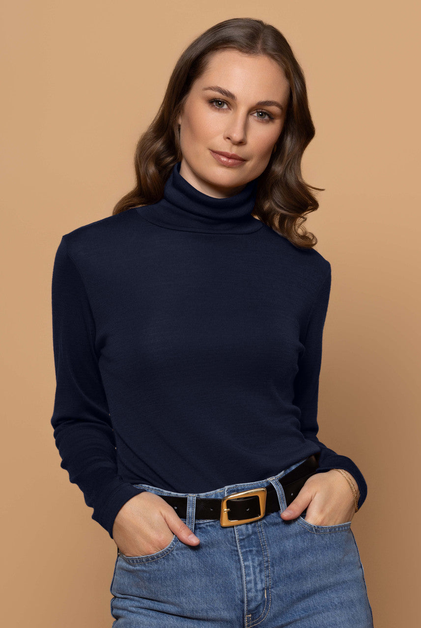 Woman wearing Bay Road Merino - Isabel Polo (BR716) in the colour Navy