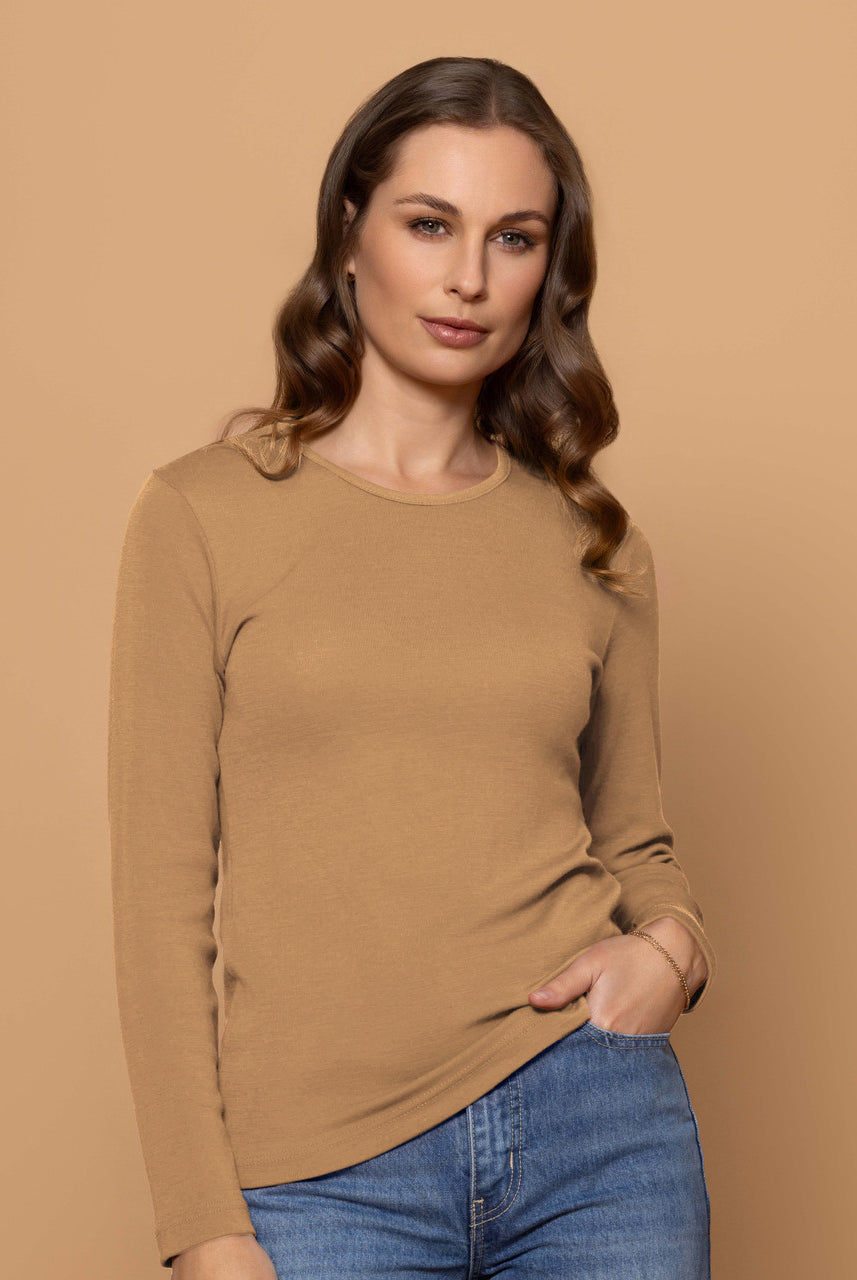 Woman wearing Bay Road Merino - Harper Crew (BR840) in the colour Caramel.