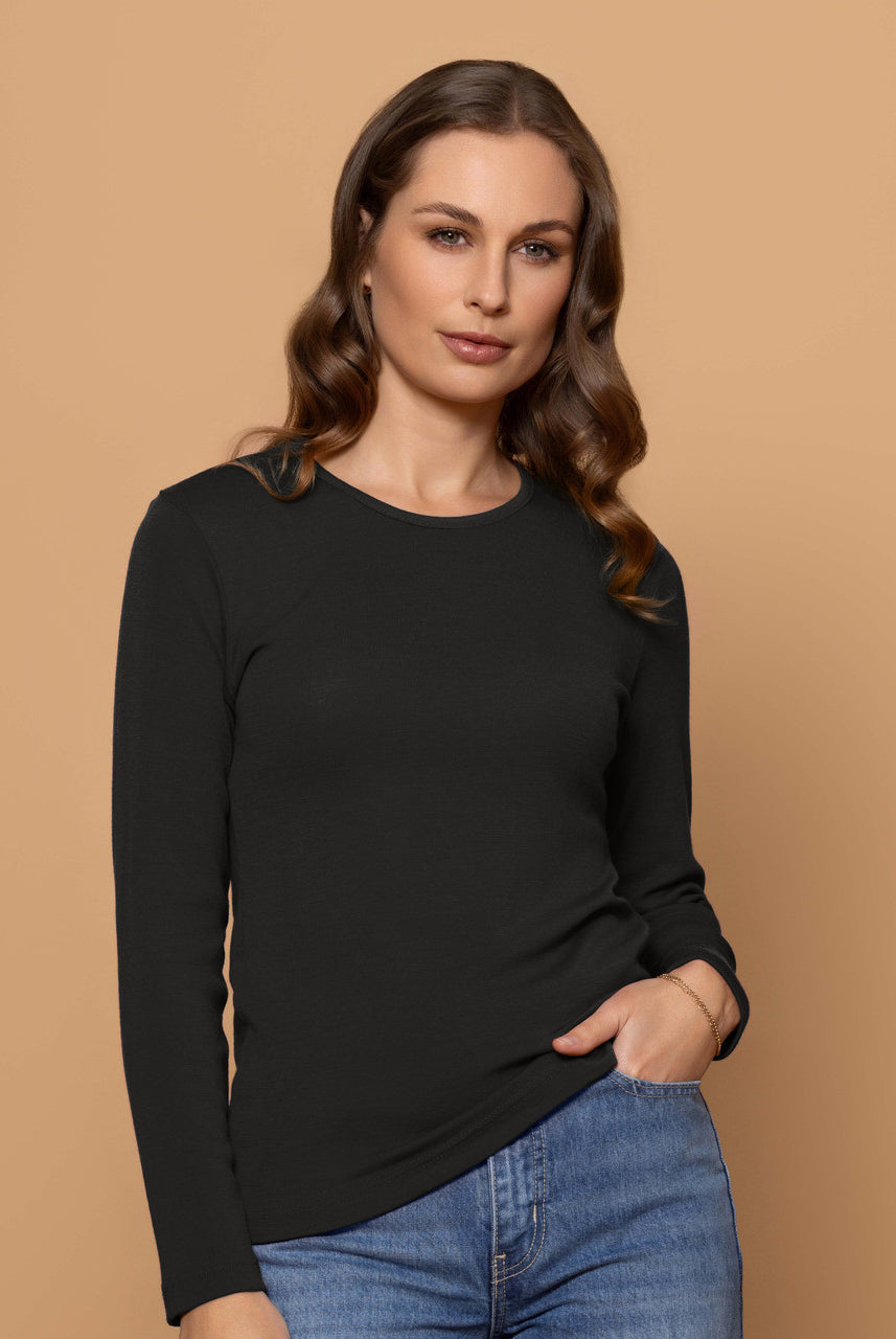 Woman wearing Bay Road Merino - Harper Crew (BR840) in the colour Graphite.