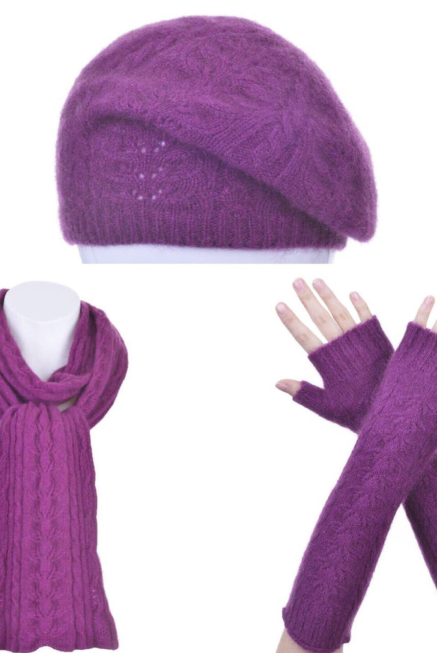 Merino and Possum glovelets, beret and scarf in colour Berry