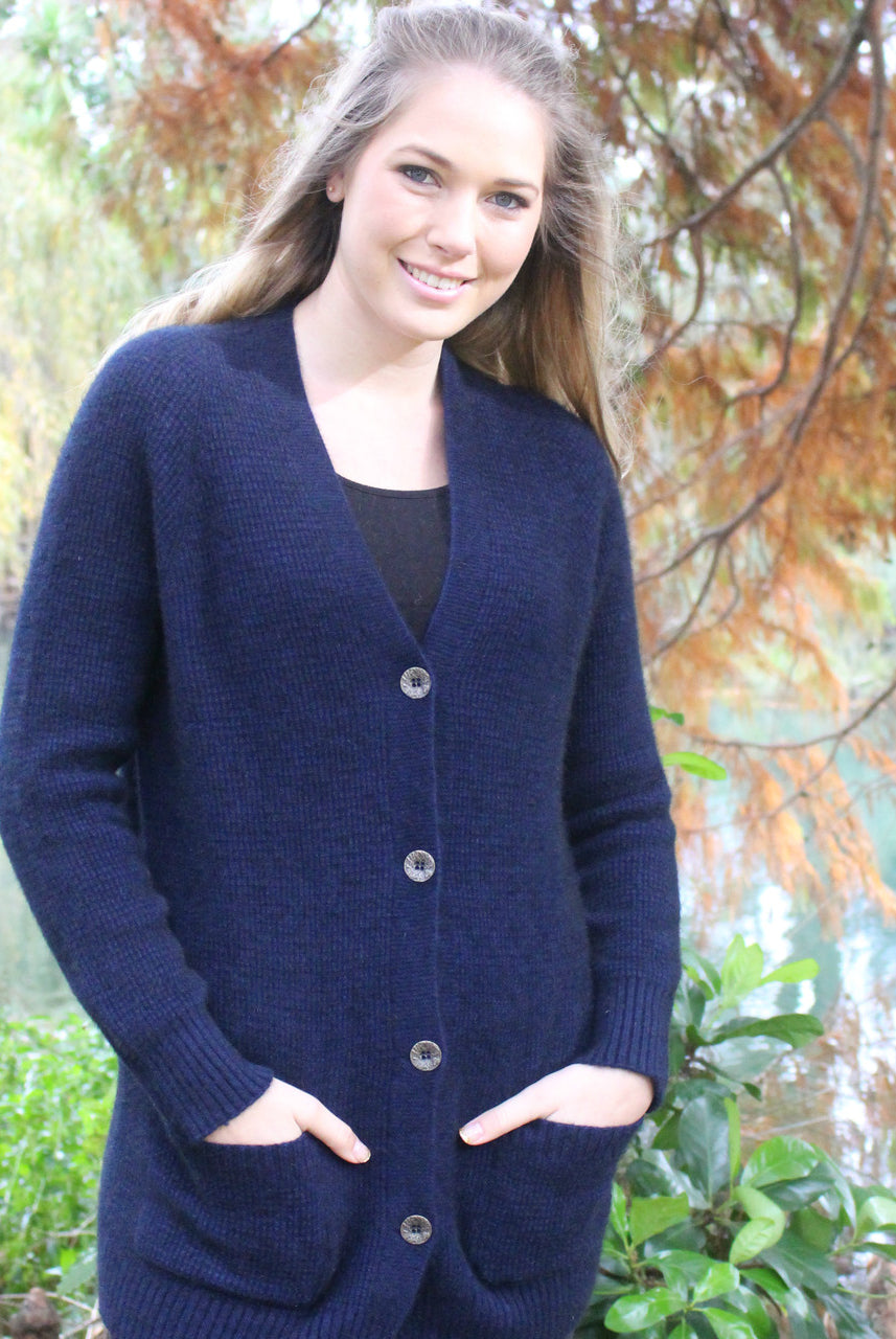 Woman wearing Midnight colour cardigan
