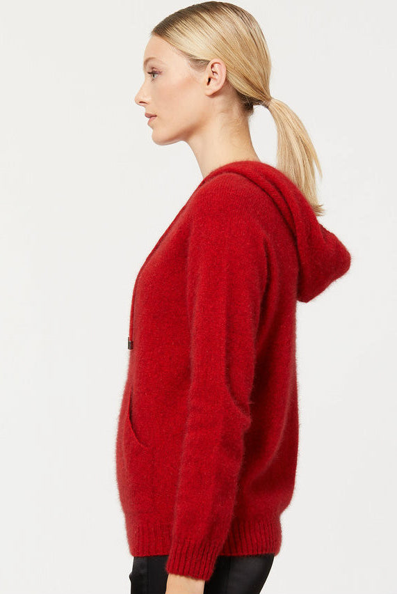 Red possum and merino hoodie. Side view.