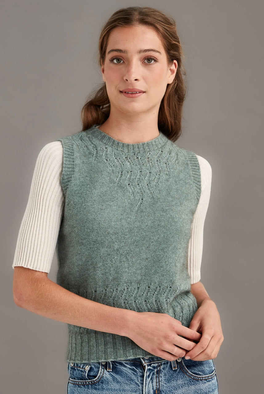 Woman wearing McDonald - Merino & Possum Herringbone Lace Vest (5059) in the colour Mint.