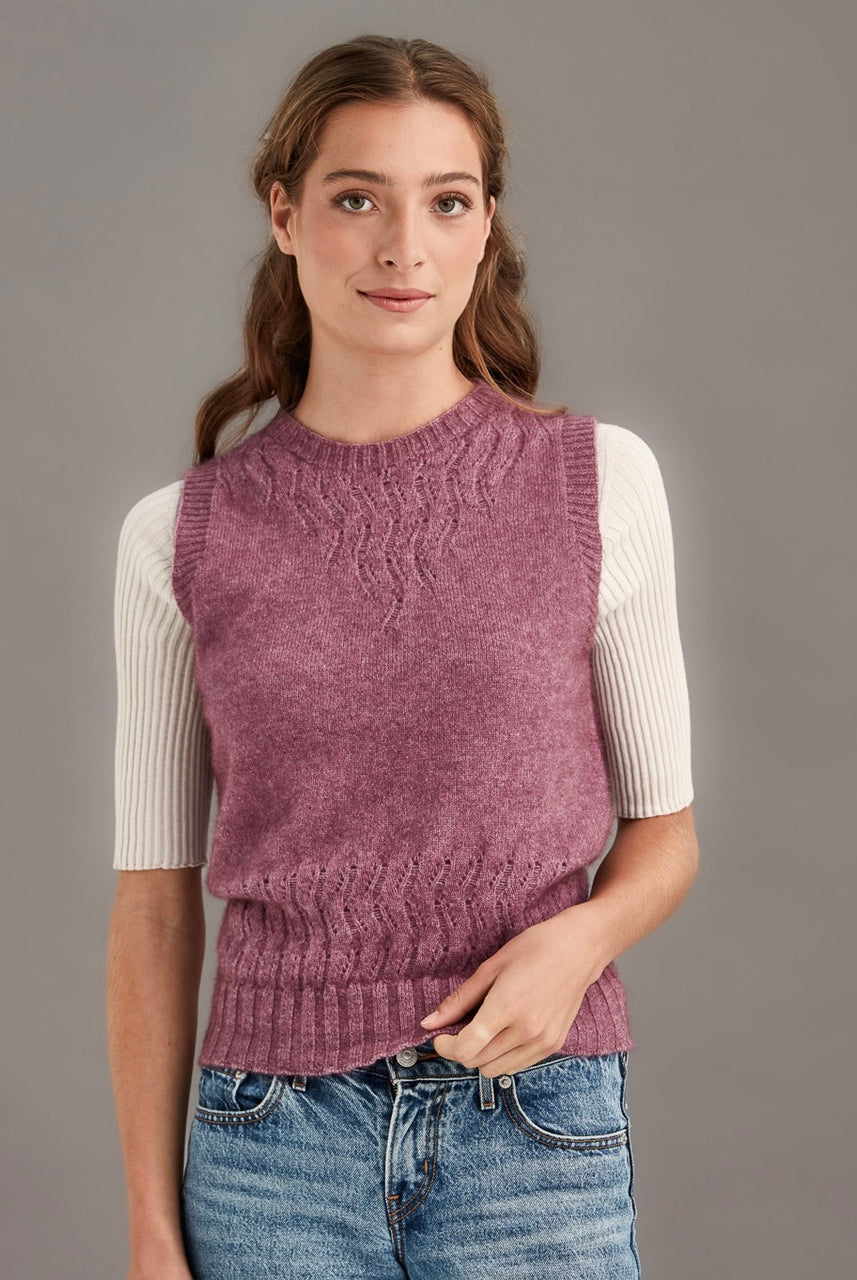 Woman wearing McDonald - Merino & Possum Herringbone Lace Vest (5059) in the colour Heather.
