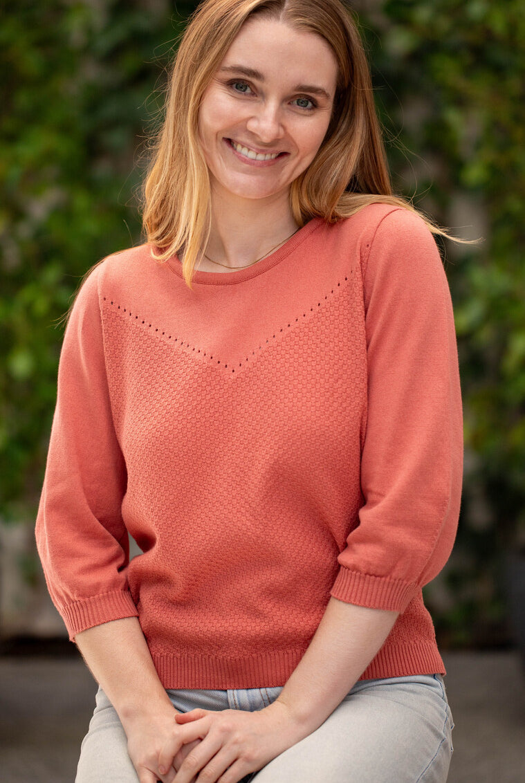 Woman wearing Country Laine - Cotton Eyelet Yoke Jumper (CL0094) in the colour Sienna.