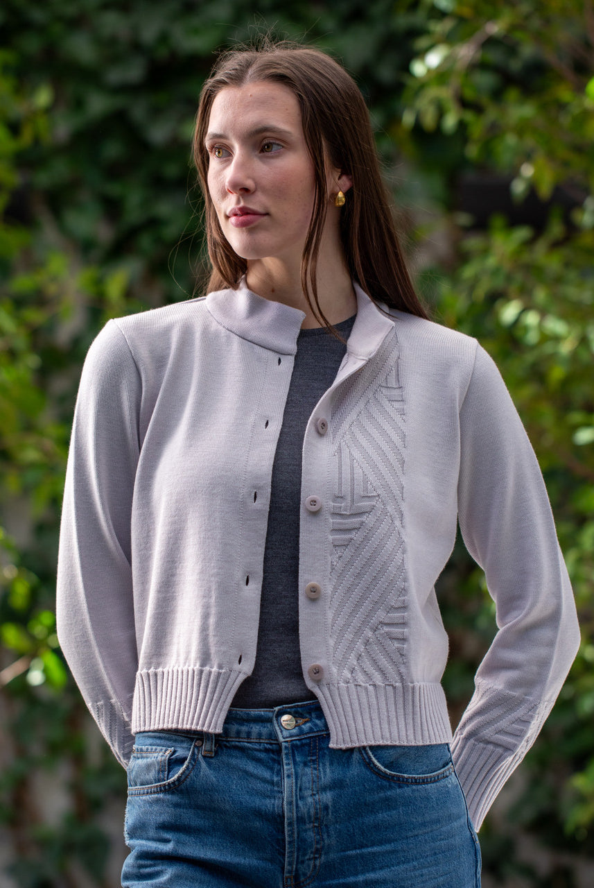 Woman wearing Country Laine - Diagonal Cardi (CL0126-IND2026) in the colour Cement.