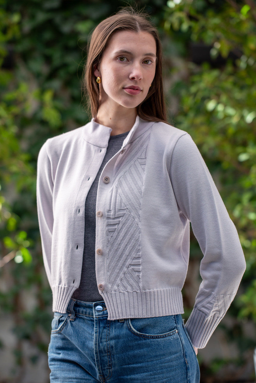 Woman wearing Country Laine - Diagonal Cardi (CL0126-IND2026) in the colour Cement.