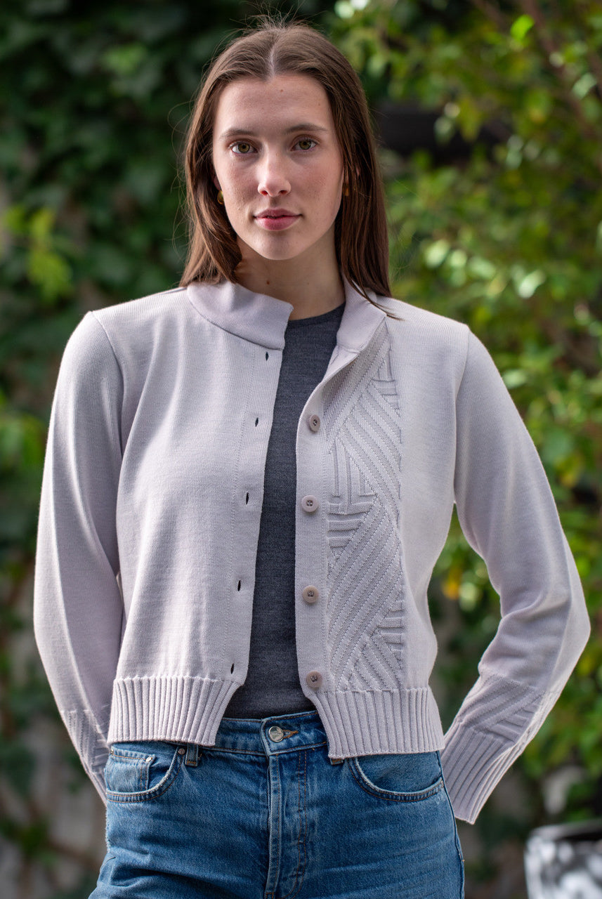 Woman wearing Country Laine - Diagonal Cardi (CL0126-IND2026) in the colour Cement.