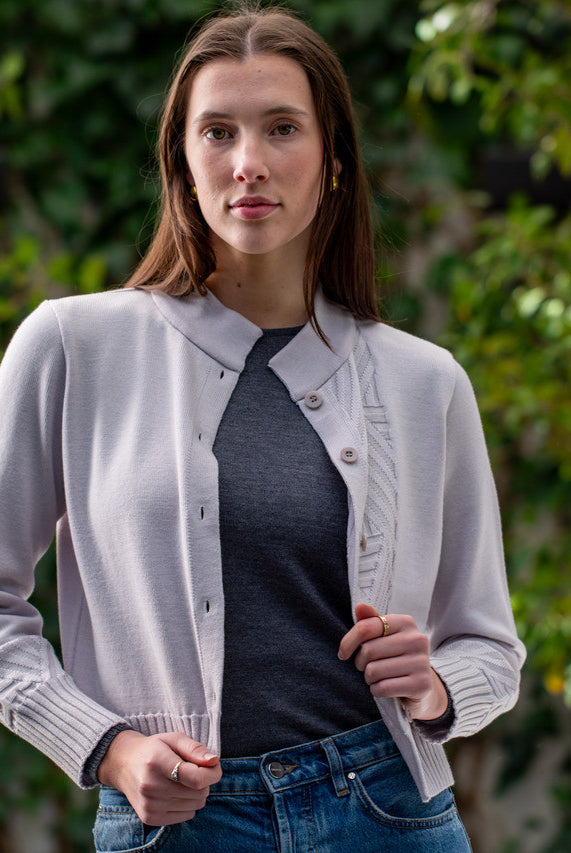 Woman wearing Country Laine - Diagonal Cardi (CL0126-IND2026) in the colour Cement.