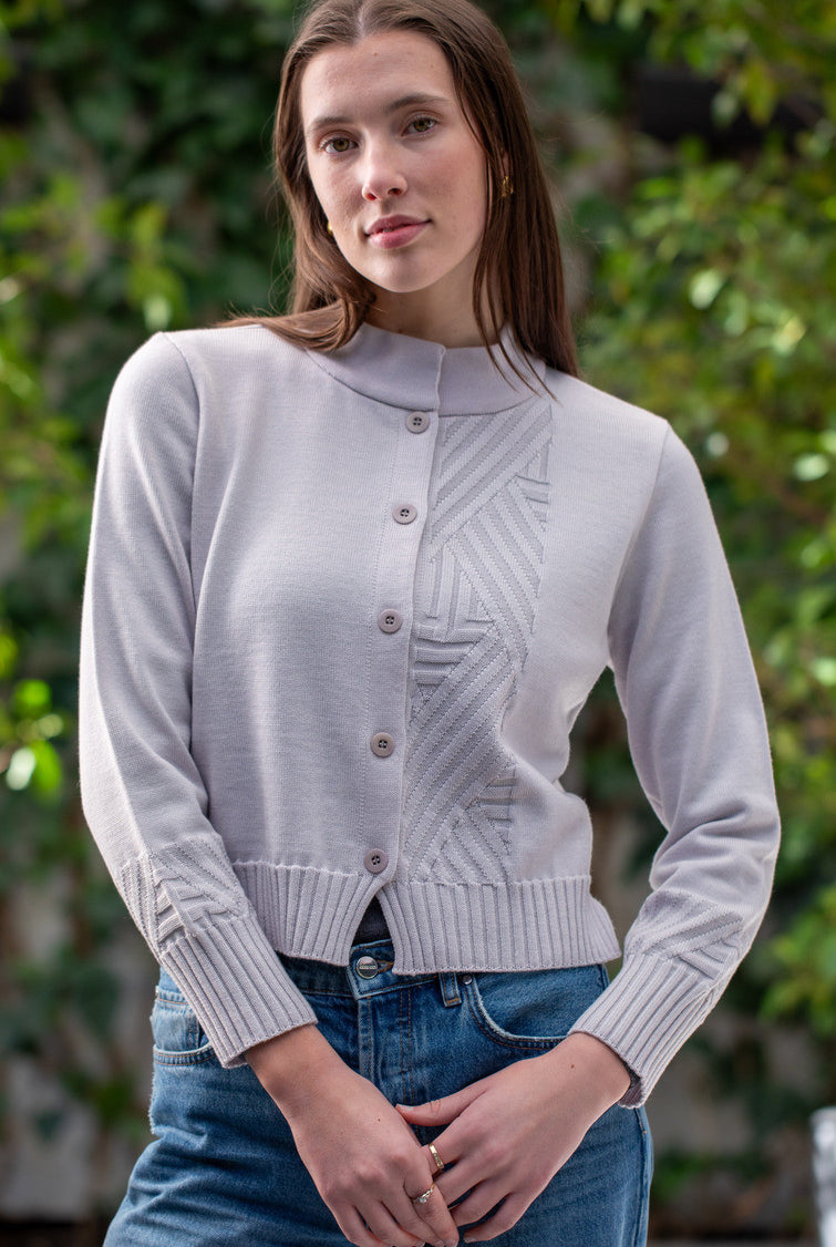 Woman wearing Country Laine - Diagonal Cardi (CL0126-IND2026) in the colour Cement.