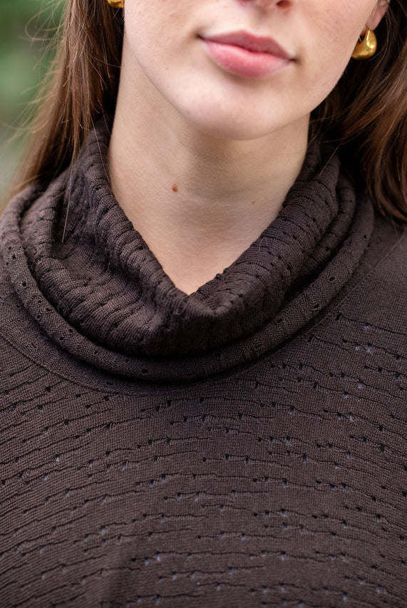 Woman wearing Country Laine - The Nest Top (CL0130-IND2026) in the colour Chocolate.