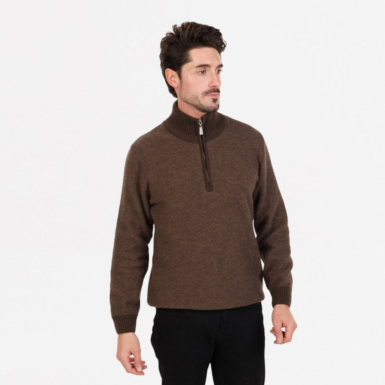 Native World - Merino & Possum Textured Half Zip Sweater Cocoa