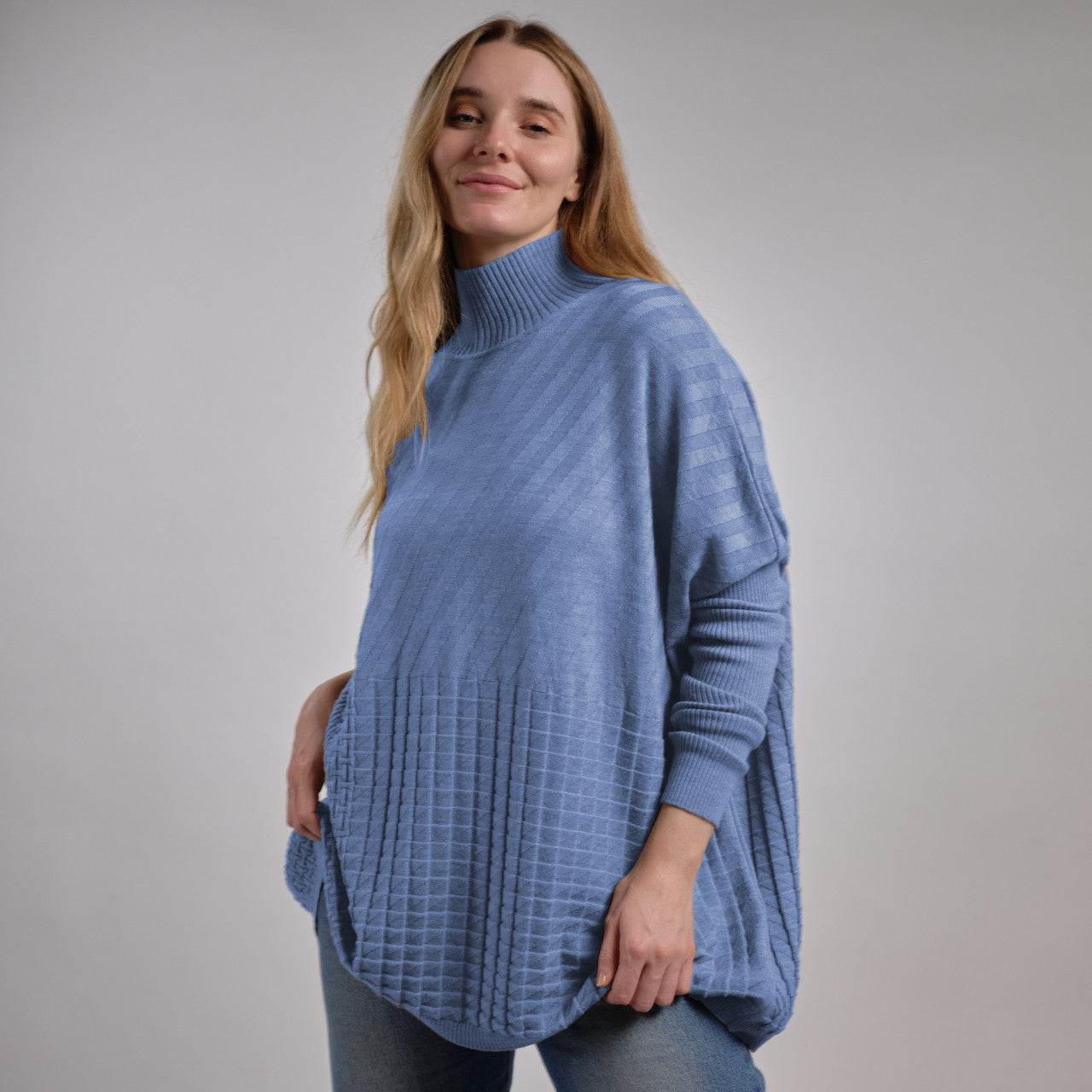 Woman wearing Country Laine - Merino Textured Sloppy Joe (CL0059) in the colour Denim.