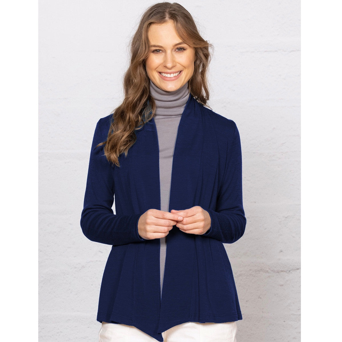 Woman wearing navy diva jacket