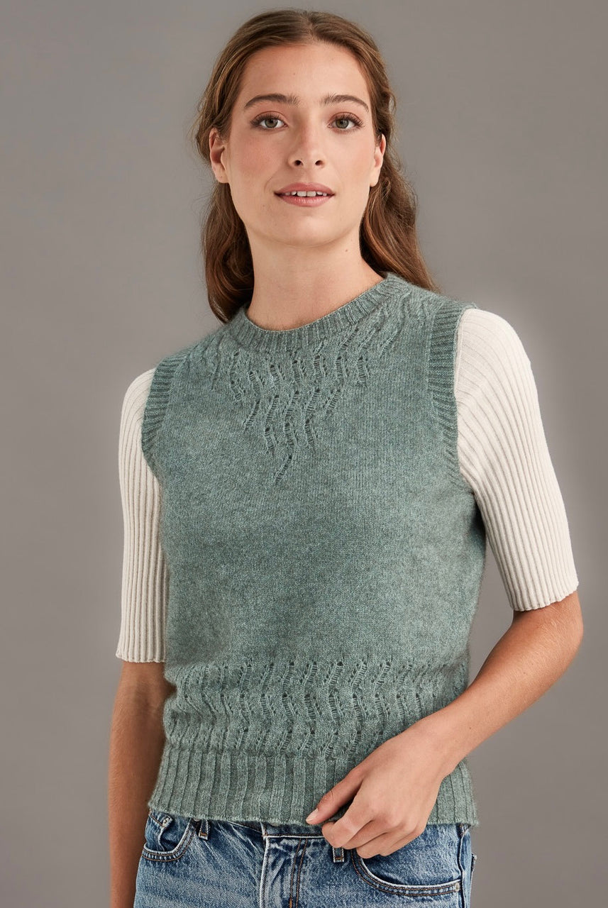 Woman wearing McDonald - Merino & Possum Herringbone Lace Vest (5059) in the colour Mint.