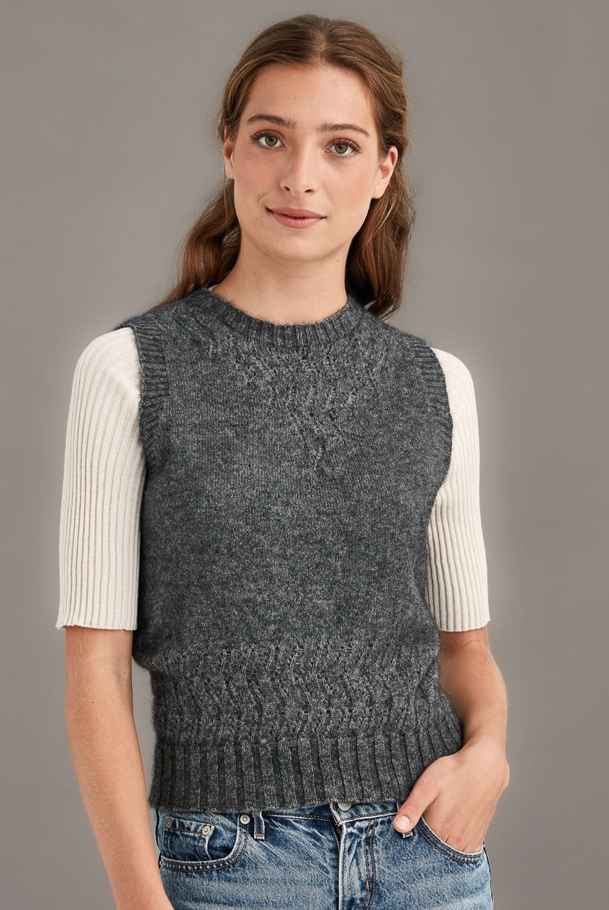 Woman wearing McDonald - Merino & Possum Herringbone Lace Vest (5059) in the colour Pewter.