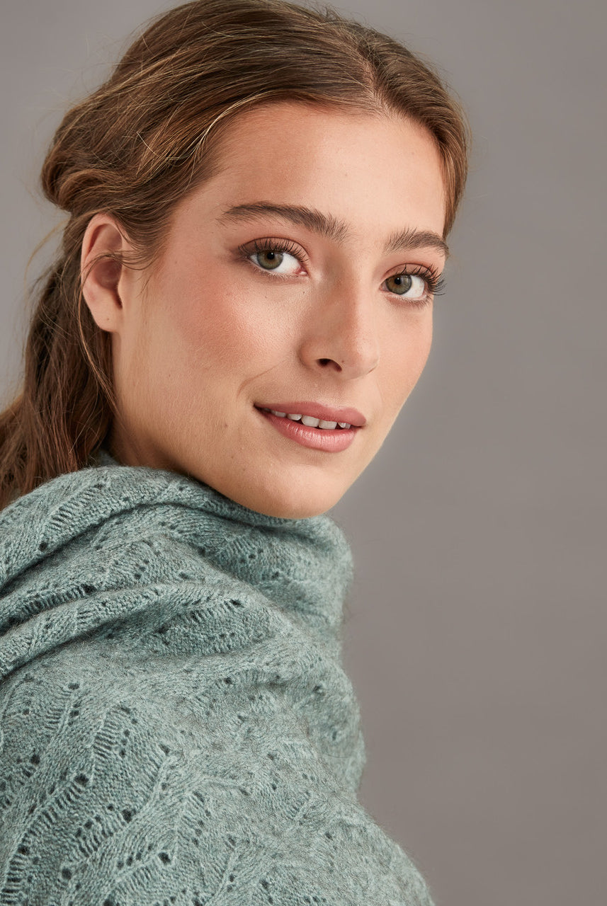 Woman wearing McDonald - Merino & Possum Herringbone Lace Shawl (5060) in the colour Mint.