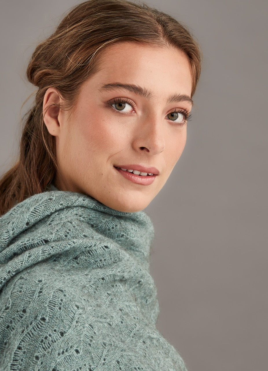 Woman wearing McDonald - Merino & Possum Herringbone Lace Shawl (5060) in the colour Mint.