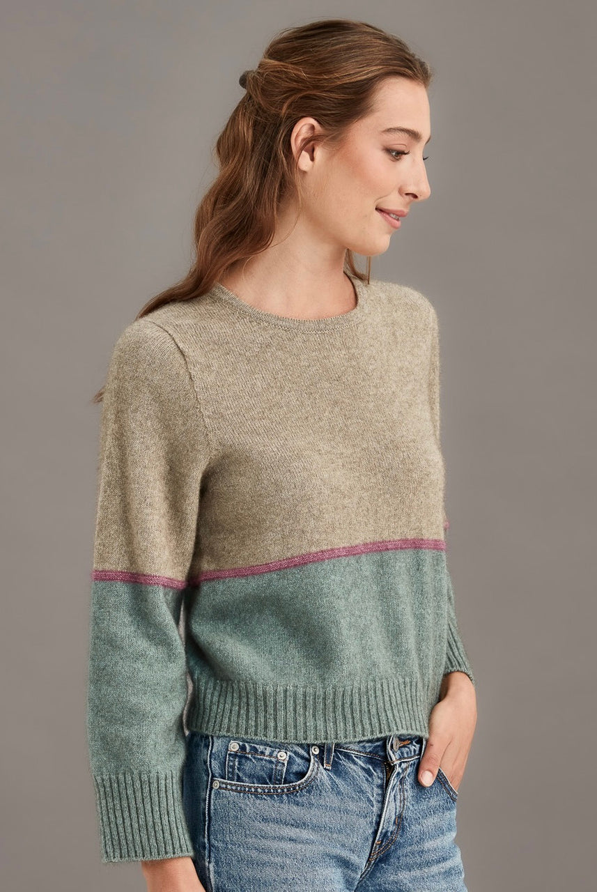 Woman wearing McDonald - Merino & Possum Horizon Jumper (5061-SS2026) in the colour Hydrangea.