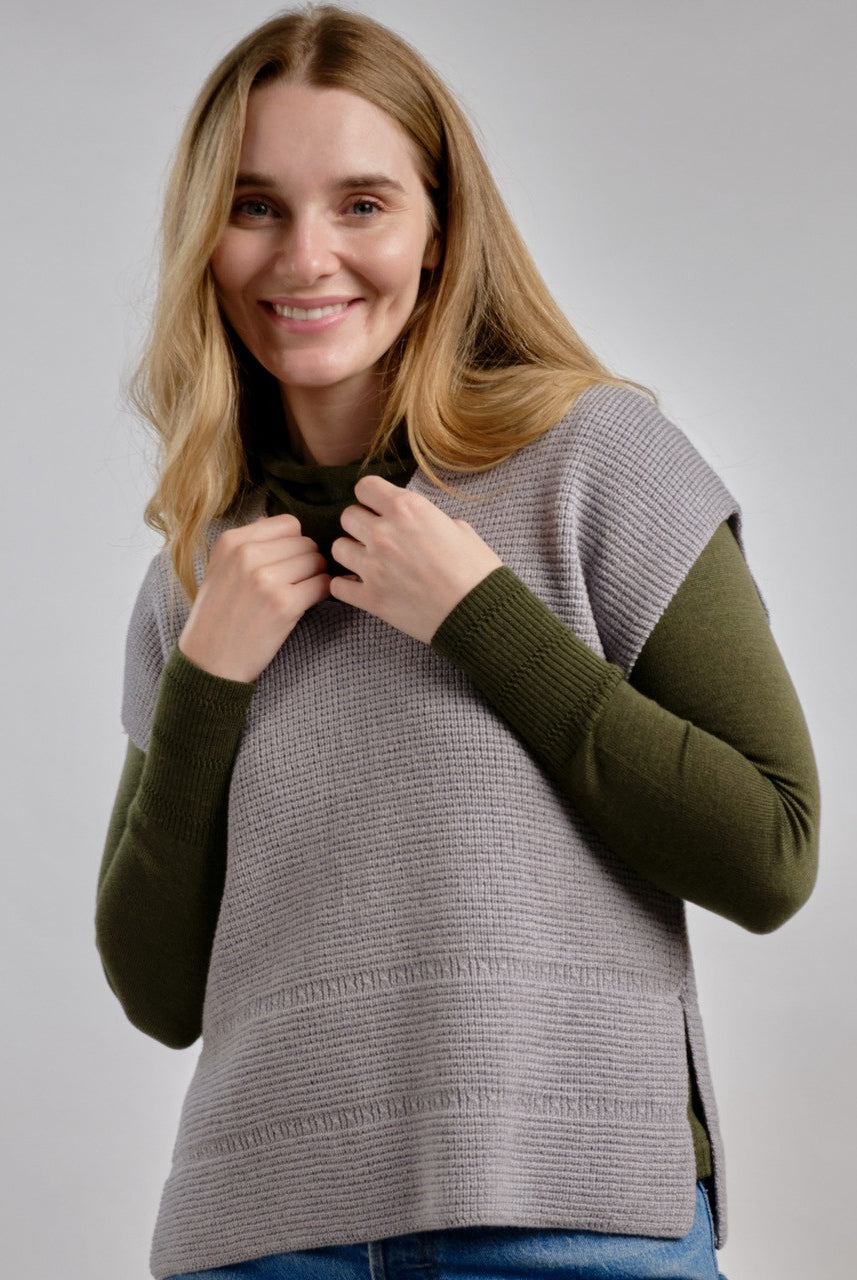 Woman wearing Country Laine - Merino Waffle Vest (CL0062) in the colour Silver.