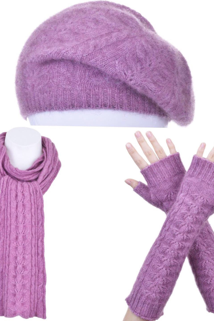 Merino and Possum glovelets, beret and scarf in colour Heather